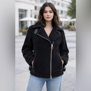 Topshop Borg Moto Jacket Womens Sz 4 6 Oversized Black Sherpa Fleece Teddy Coat